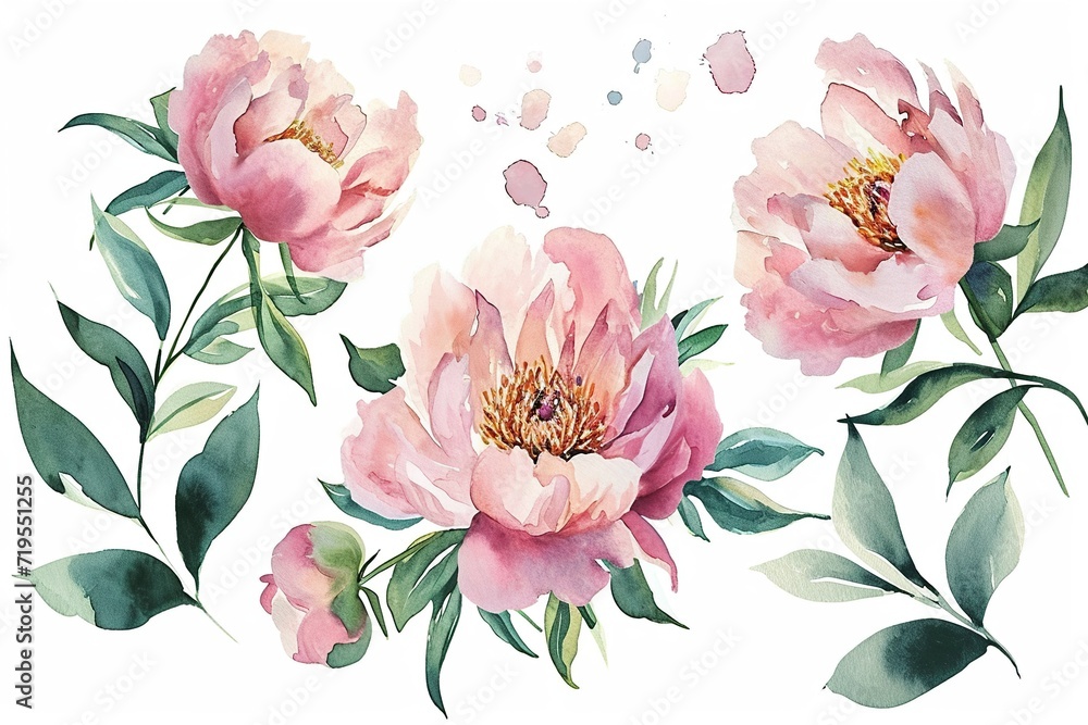 Peony pink flowers watercolor isolated on white background. Set of beautiful flower