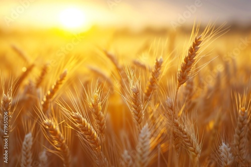 Close-up of golden wheat ears. Harvest concept. Endless wheat field on late summer morning time  backlight by the rising sun. Creative background  shallow depth of the field.