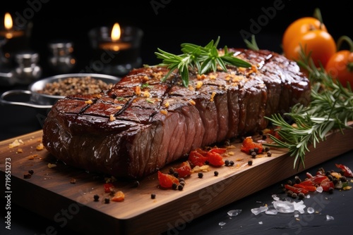Grilled picanha or rump steak on the marble board. black background. View of the top., generative IA