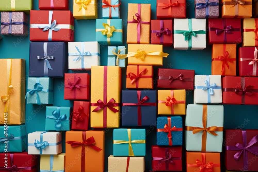 Many multi-colored gifts boxes on blue background. Birthday, anniversary, Christmas and New Year celebration concept. Many multi-colored gifts boxes on blue background. Birthday, anniversary, Christmas and New Year celebration concept.