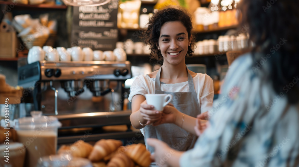 cheerful barista with curly hair is handing over a cup of cappuccino cheerful barista with curly hair is handing over a cup of cappuccino