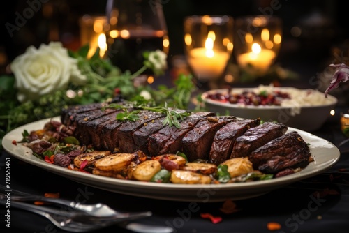 Successional picanha on a ceramic plate, in an outdoor festive banquet., generative IA