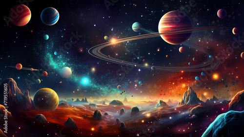 Fototapeta Naklejka Na Ścianę i Meble -  A space scene with a rocket, stars and planets