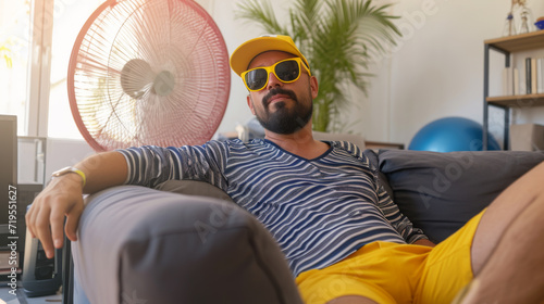 man reclining on a sofa at home, dressed in a striped sailor shirt and yellow shorts, accessorized with a summer hat, sunglasses, and a parasol, giving off a relaxed, vacation vibe at home. photo