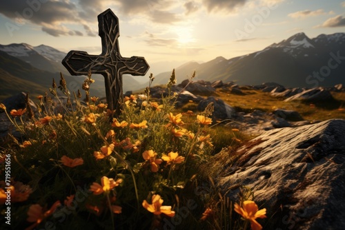 Cross at peak symbolizes faith and overcoming at dusk., generative IA photo