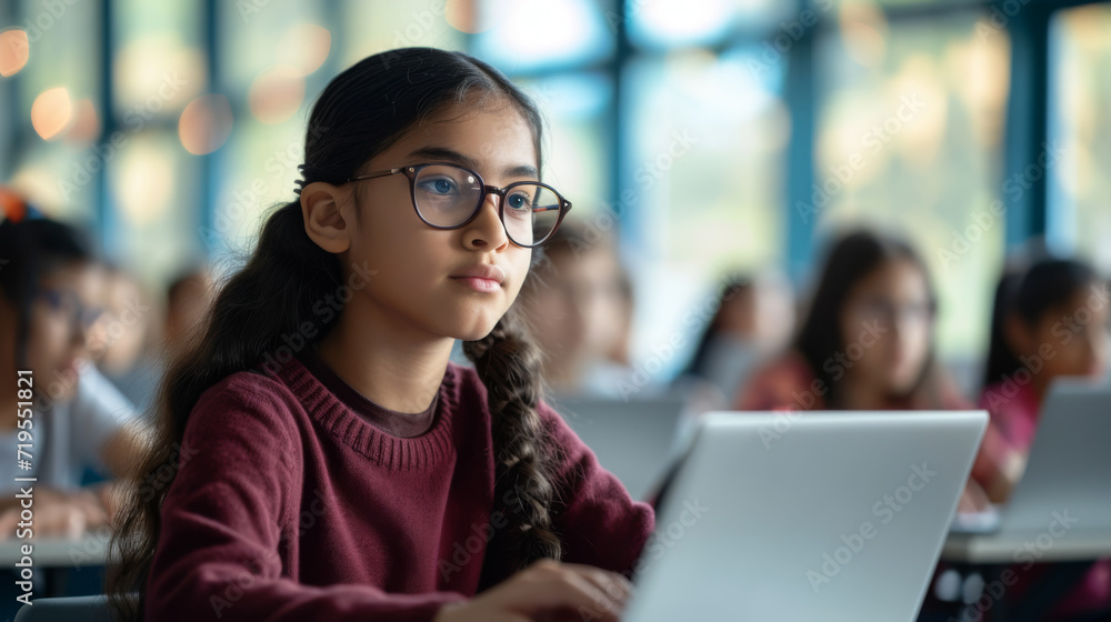 young female student wearing glasses, working on a laptop in a classroom environment young female student wearing glasses, working on a laptop in a classroom environment
