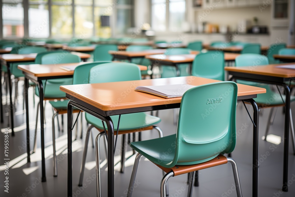 single, Isolated in white background, center aligned, School classroom in blur background without young student; Blurry view of elementary class room no kid or teacher with chairs and tables