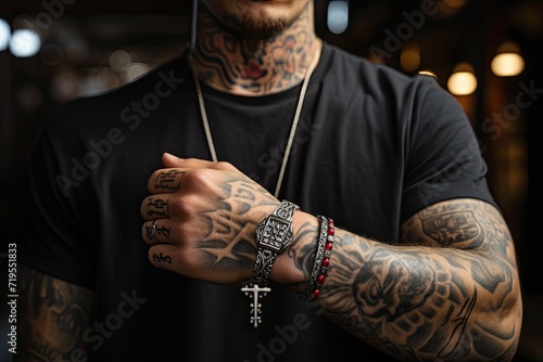 Cross tattooed on the wrist, subtle expression of the Christian faith., generative IA photo