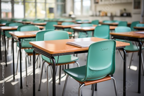 single, Isolated in white background, center aligned, School classroom in blur background without young student; Blurry view of elementary class room no kid or teacher with chairs and tables