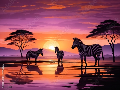  Twilight Silhouettes  AI Art Showcasing the Elegance of a Zebra Family Against a Mesmerizing Sunset 