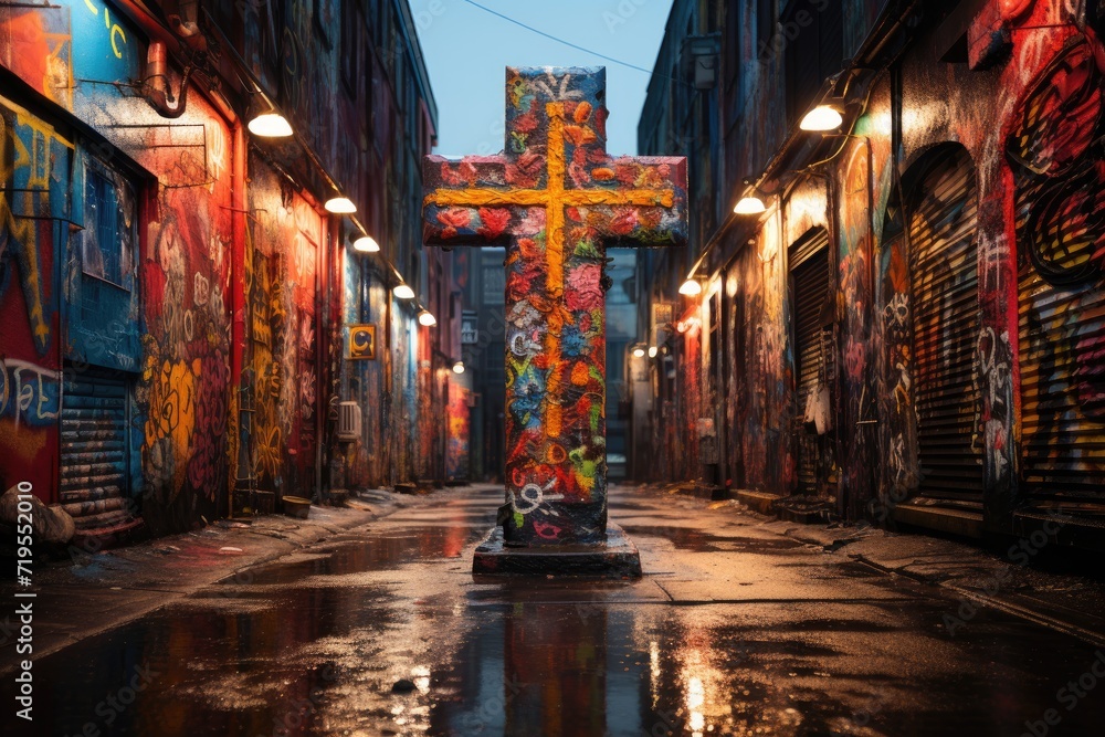Cross of Faith in Vibrant Urban Wall., generative IA