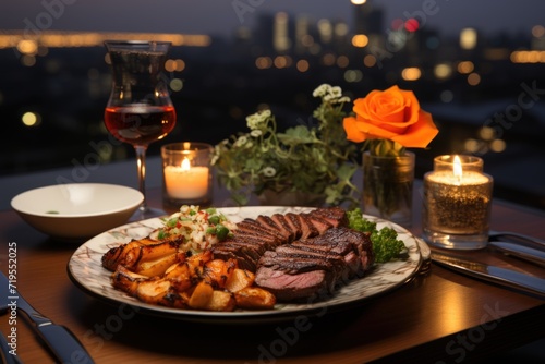 Succulent picanha on a porcelain plate, a romantic dinner with live violin candlelight and a flower -decorated gauzebo, under the moonlight and sparkl