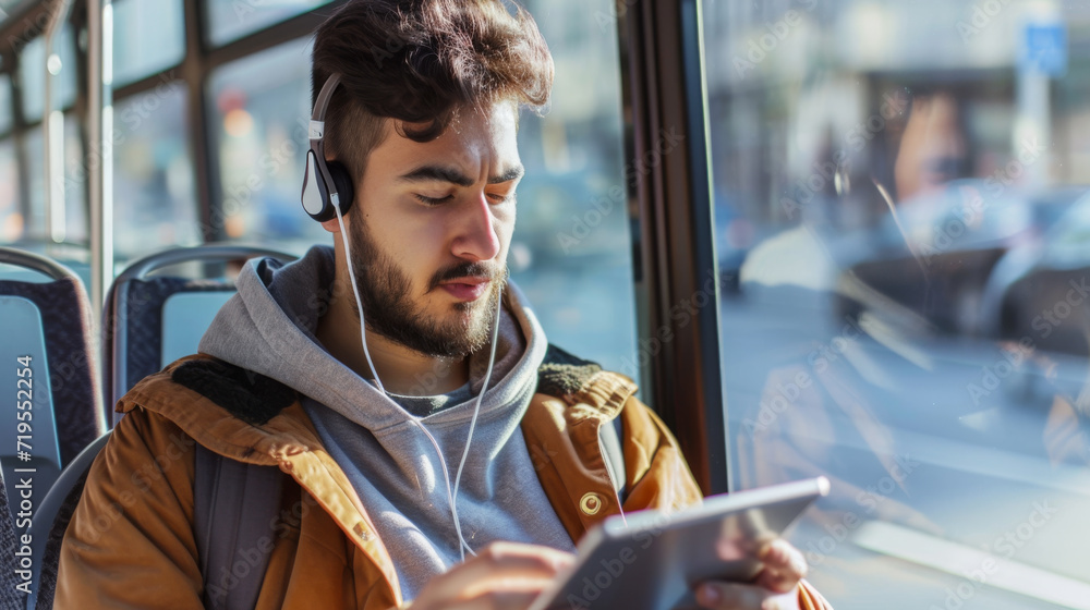 man is sitting in a bus, looking intently at his phone while wearing earphones, a hoodie, and a mustard-colored jacket, with the city passing by outside the window man is sitting in a bus, looking intently at his phone while wearing earphones, a hoodie, and a mustard-colored jacket, with the city passing by outside the window