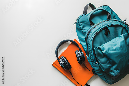 Minimalist Travel Essentials, Teal Backpack with Headphones and Guidebook, Modern Travel Flat Lay, Travel Backdrop, Copyspace Background