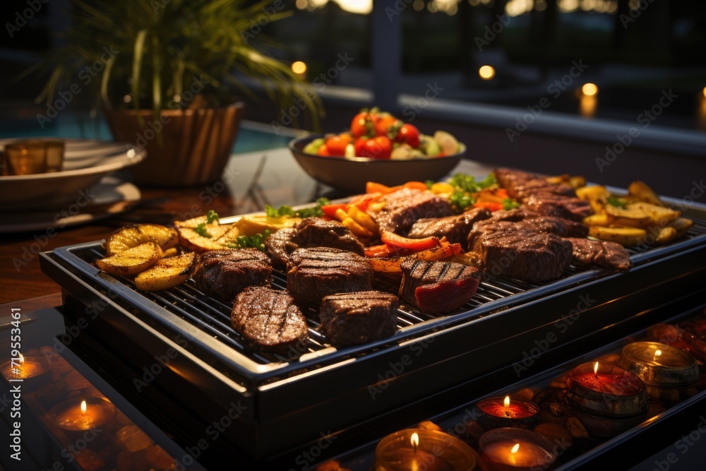 Picanha succulent on the grill, in a barbecue by the pool with waterfront sun loungers and bright palm trees at night, under the moonlight and a soft