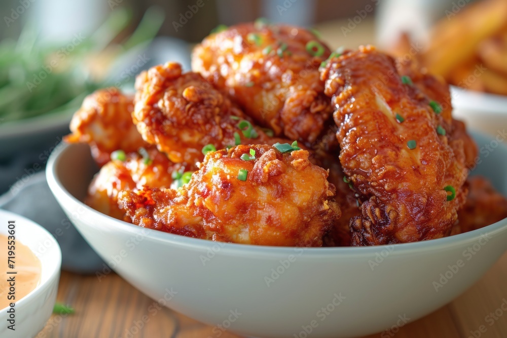 Close-up of crispy fried chicken in a white ceramic bowl. Fried chicken thighs with a golden crust, sprinkled with spices and herbs. Close-up of crispy fried chicken in a white ceramic bowl. Fried chicken thighs with a golden crust, sprinkled with spices and herbs.
