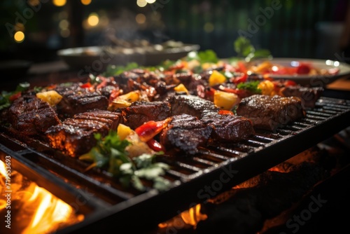 Picanha juicy on the grill, in a barbecue by the pool with night lighting and a lively dance floor under the stars., generative IA