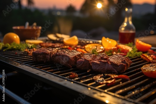 Successional picanha on the grill  in a barbecue by the pool with night lighting and a lively dance floor under the stars and a bright moon.  generati