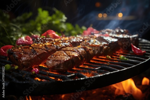 Picanha juicy on the grill, in a barbecue by the pool with night lighting and a dance floor., generative IA