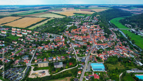 Aeriel of the old town of the city Nebra in Germany on a sunny summer day