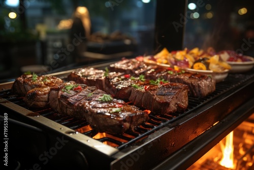 Picanha juicy on the grill  in a barbecue by the pool with light pool at night.  generative IA