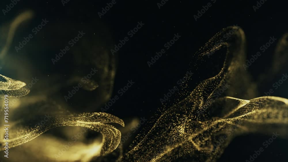 Abstract Golden Fluid Particles Background. 4K Fluid Particles And Dark Background. Abstract Golden Fluid Particles Background. 4K Fluid Particles And Dark Background.