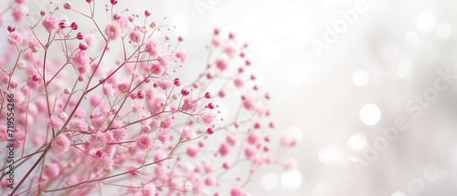 Pink elegant baby breathe blooming flowers, gypsophila with blurred background for elegant, romantic floral cards. Celebrate season, wedding, spring, love. Elegant, luxury, card, banner, web. photo