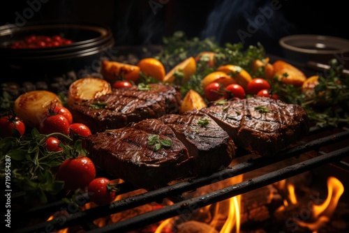 Successional picanha on the grill, in a rustic barbecue in the field with fire and live guitar on a starry night and a clean sky under the moonlight a photo
