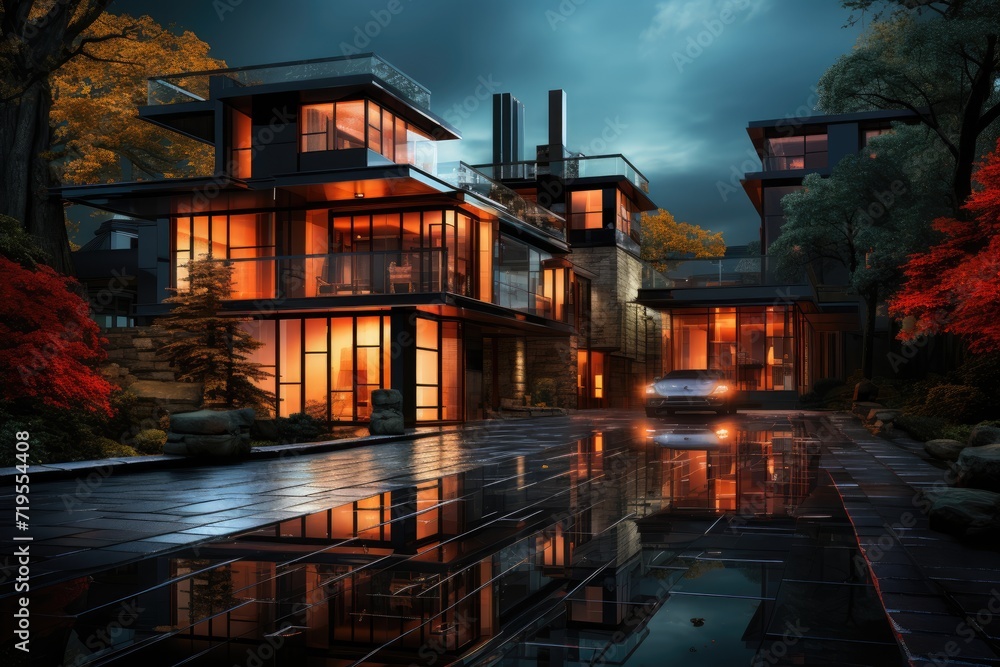Urban House radiates life in the light of the luminous night of the city., generative IA