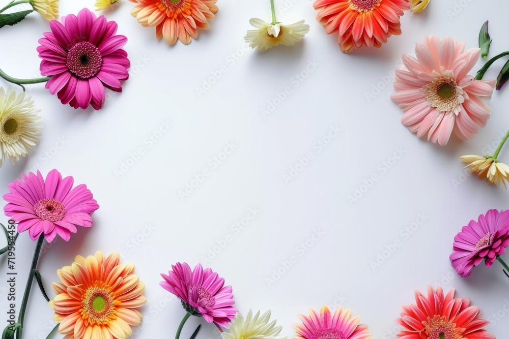 Spring and summer different flowers create a frame on a light background with copy space. Concept of spring, international women's day, Valentine's day Spring and summer different flowers create a frame on a light background with copy space. Concept of spring, international women's day, Valentine's day