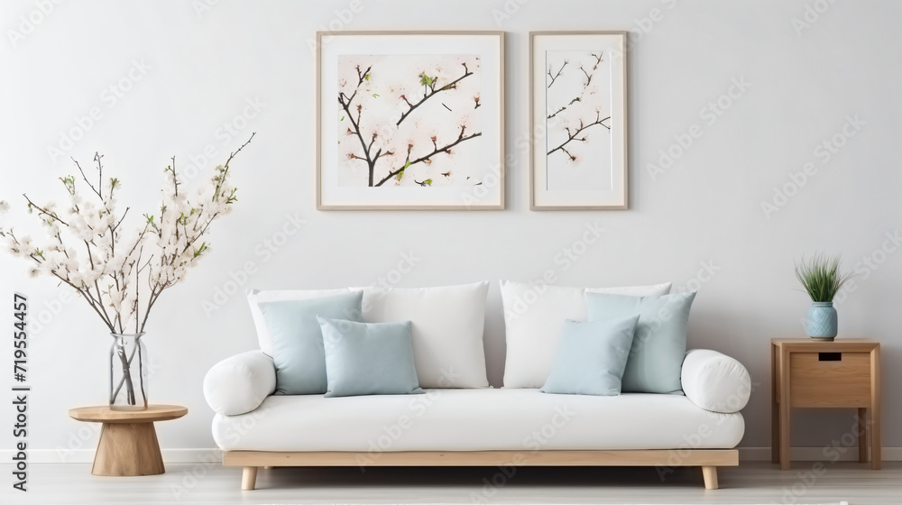 Fototapeta premium Modern spring scandinavian living room interior, sofa, interior, room, furniture, couch, home, wall, design, living, comfortable, house, floor, leather, seat, apartment, 3d, chair, indoors, lounge