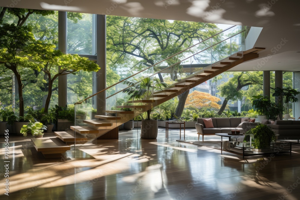 Contemporary apartment overlooking lush park, connecting nature and architecture., generative IA