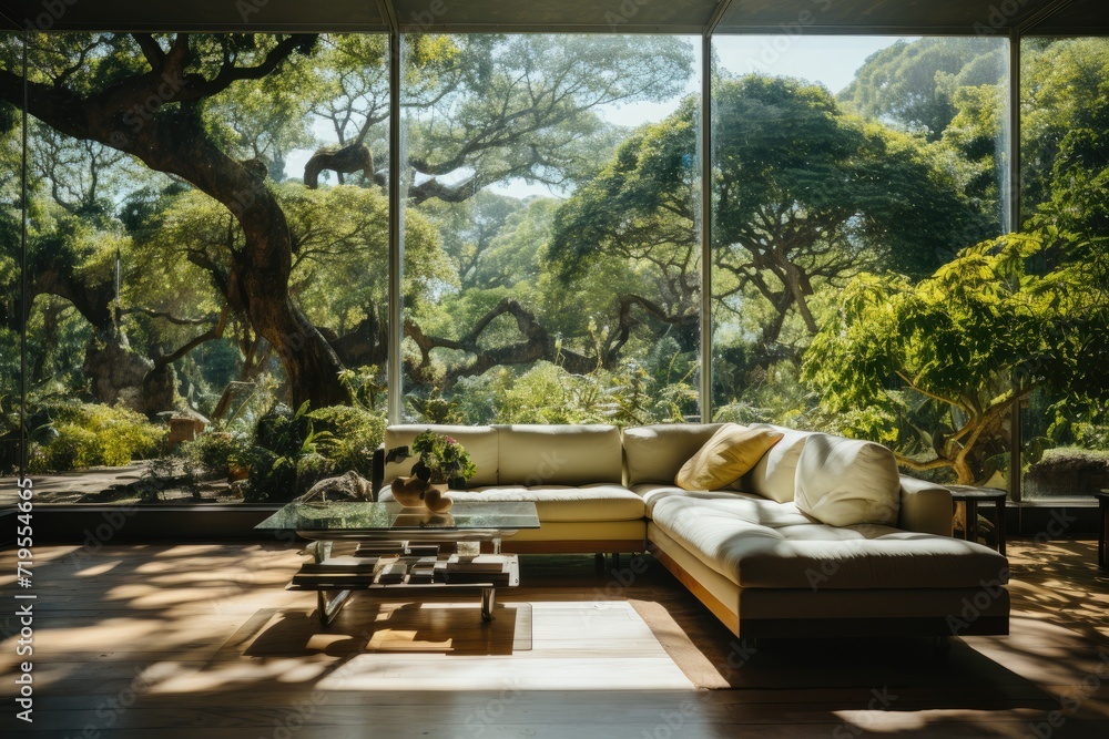Contemporary apartment overlooking lush park, connecting nature and architecture., generative IA Contemporary apartment overlooking lush park, connecting nature and architecture., generative IA