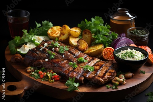 Steak wood plate with grilled eggplant, potato, mushroom and sauce, generative IA