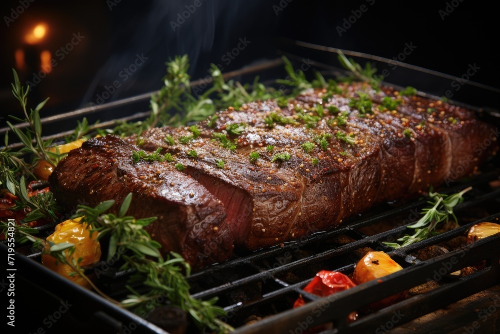 Succulent grilled picanha perfection, surrounded by fresh herbs, in an outdoor barbecue with animated friends., generative IA