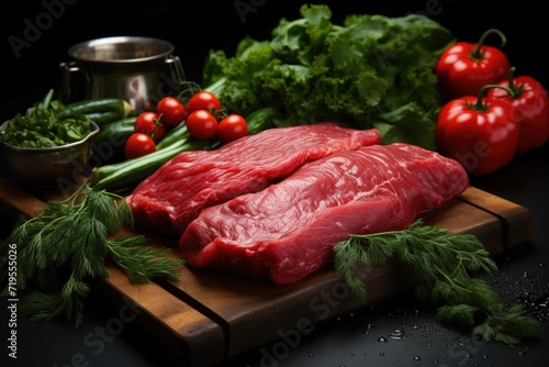 Vertical vision of fresh green greens of raw red meats on the brown wooden board tomato pepper on the nude color towel knife in dark background, gener
