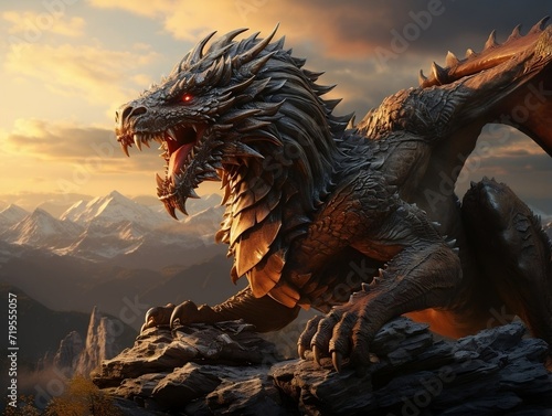 Beautiful dragon on a mountain at sunset © Generative Ai
