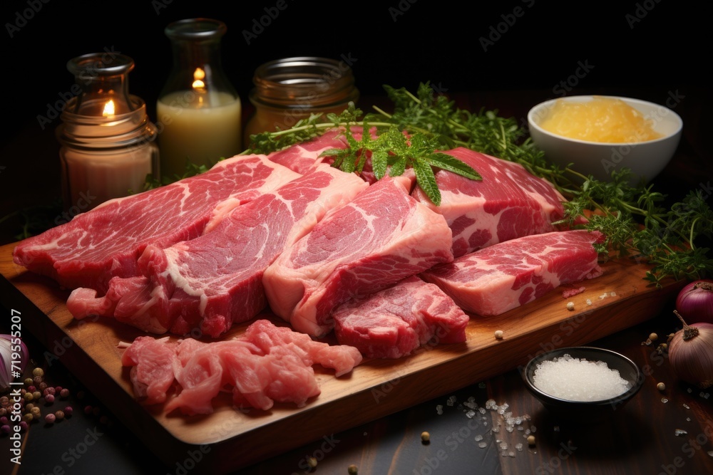 Frontal view of fresh raw meat on a wooden board of nude, lemon and garlic in mixed background, generative IA
