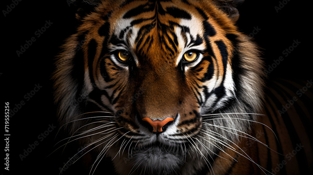 Close-up of a tiger's face on a black background