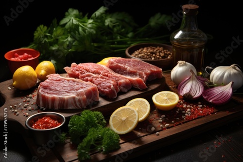 Front view near fresh red meat on a wooden board in color towel, garlic and lemon in a mixed background, generative IA