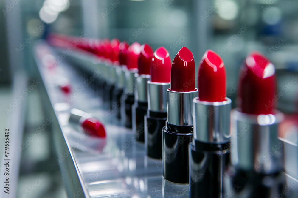 Crimson lipsticks with sleek black casings are neatly aligned on a production conveyor, beauty industry's precision. perfect for use in fashion and manufacturing content. - obrazy, fototapety, plakaty 