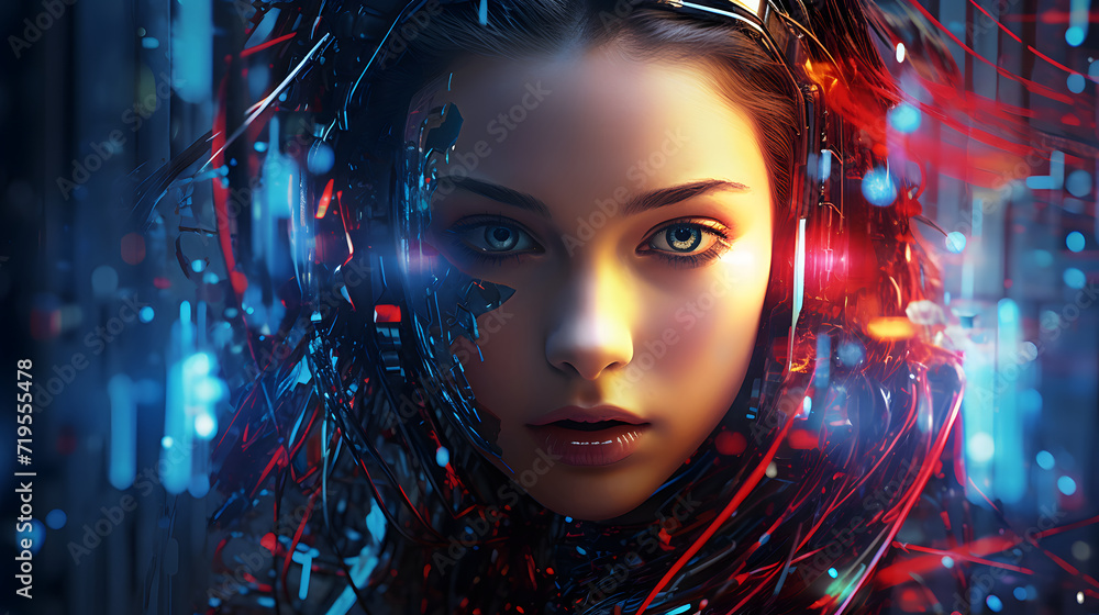A beautiful girl with cybernetic implants, futuristic art A beautiful girl with cybernetic implants, futuristic art