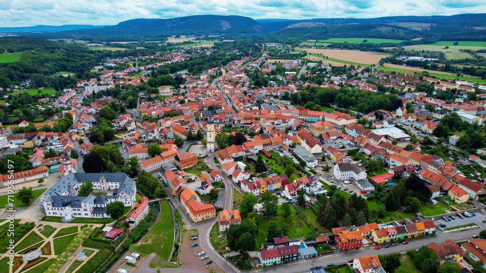 Aeriel of the old town of the city Ohrdruf in Germany on a late summer day	