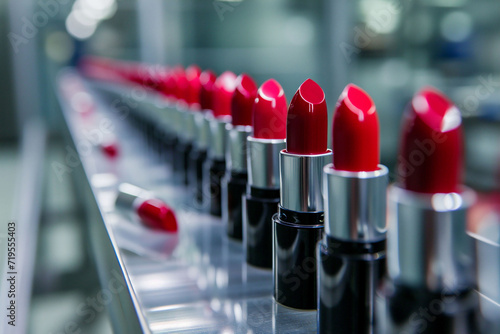 Crimson lipsticks with sleek black casings are neatly aligned on a production conveyor, beauty industry's precision. perfect for use in fashion and manufacturing content. photo