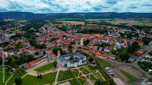 Aeriel of the old town of the city Ohrdruf in Germany on a late summer day 