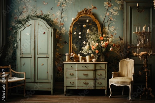 Vintage scenario with old furniture and retro wallpaper., generative IA
