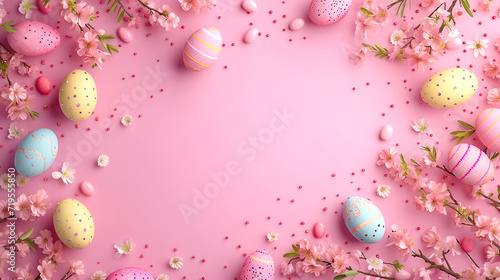 easter day backdrop, Easter eggs adorned with colorful flowers, nestled in a basket, Springtime Easter Egg Decorations in a Floral Nest