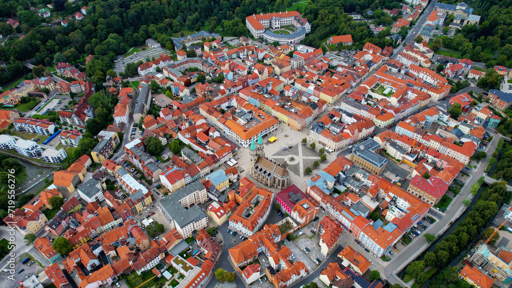 Aeriel of the old town of the city Meiningen in Germany on a late summer day	