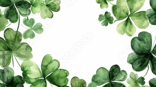 Watercolor green clovers on a white background with copy space for your text. Celebration of Saint Patrick's dat on march in Ireland, traditional spring holiday of luck and fortune	 photo