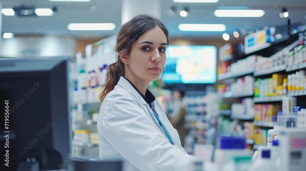 Female healthcare worker working in pharmacy store checkout counter
